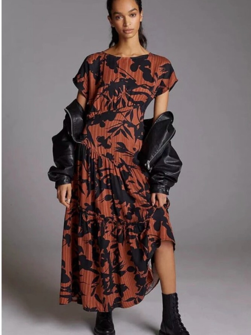 Eva Franco Rust and Black Floral Tiered Maxi Dress